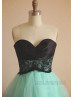 Turquoise Blue Strapless Tulle Lace Short Prom Dress